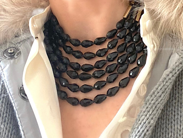 Rita Crystal Jet Black Gold Necklace