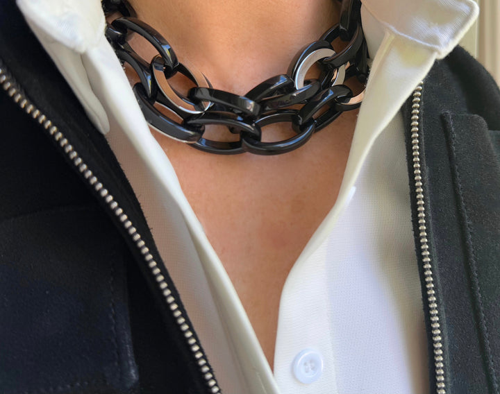 Mirella Jet Black Silver/Resin Chain Link Necklace